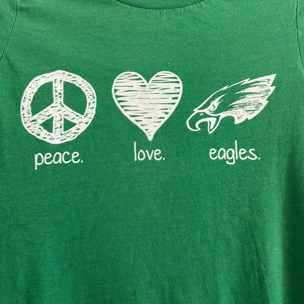 "PEACE LOVE EAGLES" Kelly Green T-Shirt Women's Go Birds Football Small - Picture 2 of 3